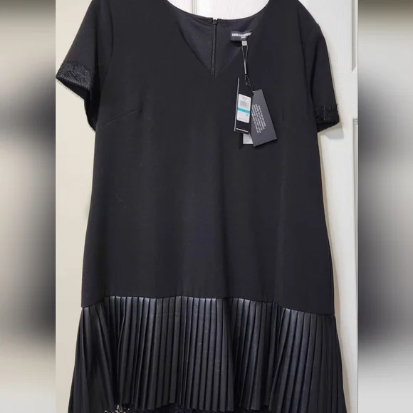 Karl Lagerfeld Flapper Style, Black Lace & Faux Leather Trim Dress - Picture 2 of 7